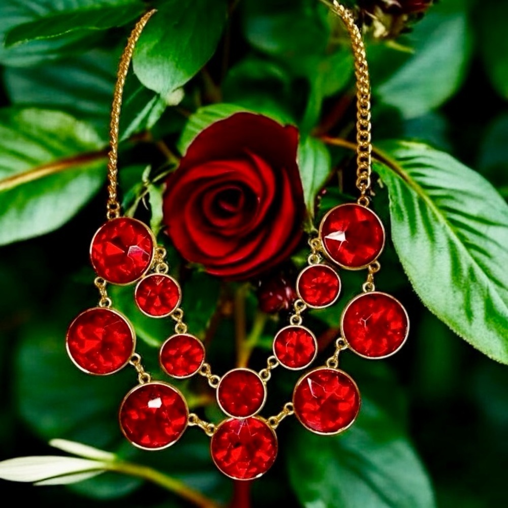 Red Glass Large Round Gems on Gold Sparkling Statement Necklace 20”
